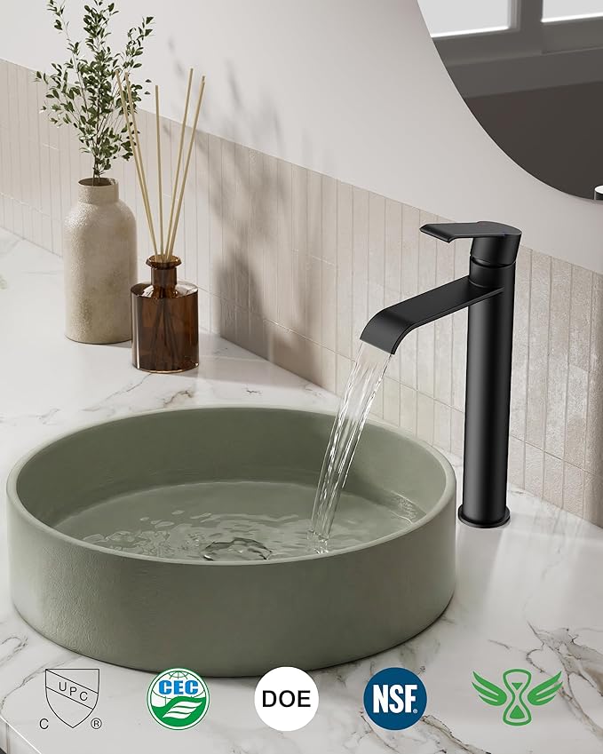 FORIOUS Black Bathroom Vessel Sink Faucet One Hole with Pop up Drain and 24 Inch CUPC Supply Hose, Waterfall Single Handle Matte Black Bathroom Faucet 1 Hole RV, Tall Basin Sink Tap