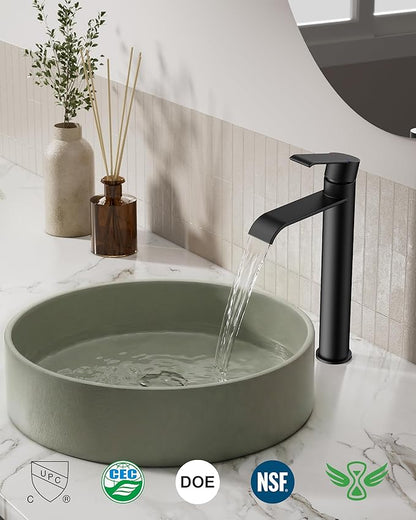 FORIOUS Black Bathroom Vessel Sink Faucet One Hole with Pop up Drain and 24 Inch CUPC Supply Hose, Waterfall Single Handle Matte Black Bathroom Faucet 1 Hole RV, Tall Basin Sink Tap