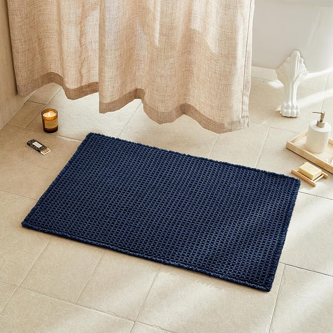 TYUU Waffle Bath Mat, Boho Bathroom Rugs Non Slip, 36x24 Navy Blue | Super Absorbent Quick Dry Bath Rug, Non-Slip Backing, Soft Waffle Washable Farmhouse Bathroom Mats, Tub, Shower & Home Decor