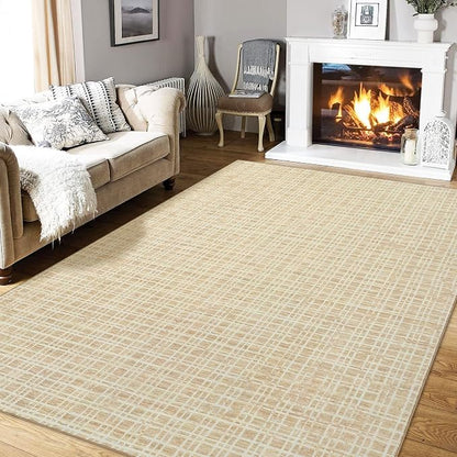 Living Room Rug 5x7 Area Rugs Washable Bedroom Rug Modern Plaid Neutral Area Rug Non Slip Throw Rugs Farmhouse Soft Faux Wool Low Pile Stain Resistant Carpet for Dining Room 5'x7' Yellow