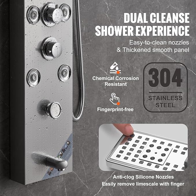 VEVOR Shower Panel, 6 Shower Modes, LED & Screen Hydroelectricity Shower Tower Panel System, Rainfall, Waterfall, 8 Massage Jets, Tub Spout, Handheld Shower, Stainless Steel Wall-Mounted Shower Set