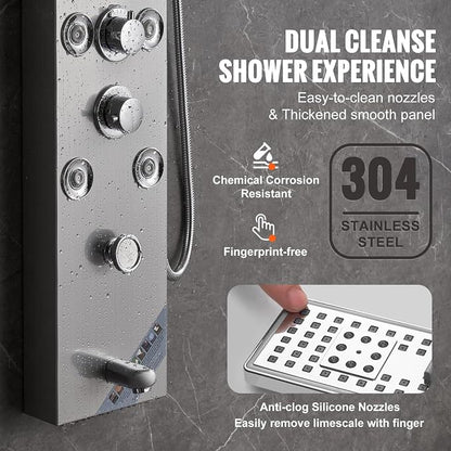 VEVOR Shower Panel, 6 Shower Modes, LED & Screen Hydroelectricity Shower Tower Panel System, Rainfall, Waterfall, 8 Massage Jets, Tub Spout, Handheld Shower, Stainless Steel Wall-Mounted Shower Set