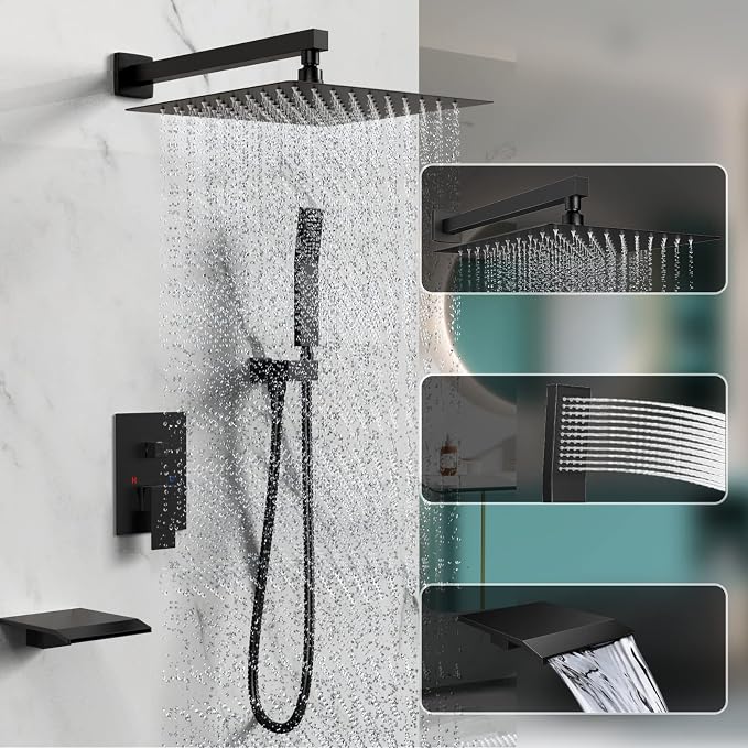 Matt Black Shower System Rain Faucet Set with Tub Spout, 10 inch | All-Metal Wall Mounted Bathroom Shower Faucet Set with Safe Pressure Balance Valve, Water Saving High Pressure Rainfall Head