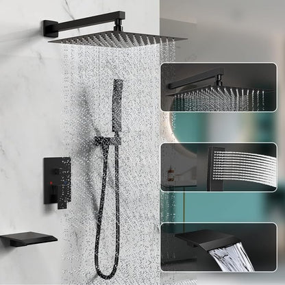 Matt Black Shower System Rain Faucet Set with Tub Spout, 10 inch | All-Metal Wall Mounted Bathroom Shower Faucet Set with Safe Pressure Balance Valve, Water Saving High Pressure Rainfall Head