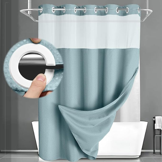 No Hook Shower Curtain with Liner Set Hotel Waffle Curtain Cyan 72W X 75L | Washable Snap in Fabric Liner, Mesh Top Window, Waffle Hotel Style Shower Curtain Set