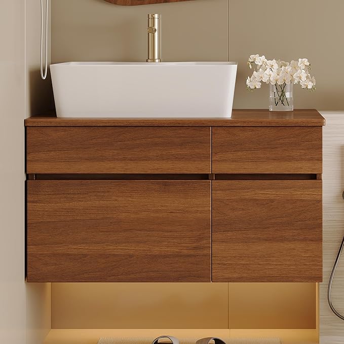31.5" Floating Bathroom Vanity with Sink and Drawer, Soft Closing, Solid Wood Mid Century Modern Single Bathroom Vanity Cabinet with Storage, Wall Mounted (Walnut)