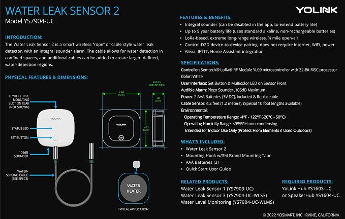 YoLink Water Leak Sensor 2, 1/4 Mile World's Longest Range Smart Home Water Leak Sensor, Water Leak Detector with Built-in Siren Up to 105dB, Compatible with Alexa and IFTTT - YoLink Hub Included