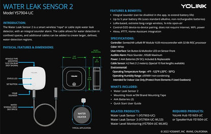 YoLink Water Leak Sensor 2, 1/4 Mile World's Longest Range Smart Home Water Leak Sensor, Water Leak Detector with Built-in Siren Up to 105dB, Compatible with Alexa and IFTTT - YoLink Hub Included