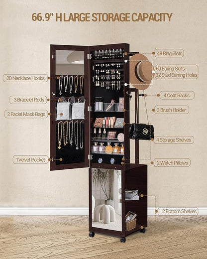 Hzuaneri 8 LEDs Jewelry Cabinet Armoire, 66.9-inch Jewelry Organizer | Lockable Full-length Mirror with Garment Rack & 4 Wheels, Storage Shelves with Hooks, 5-in-1, Brown JC17019B