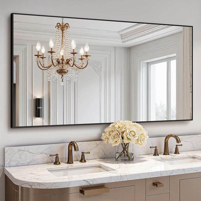 Bathroom Vanity Mirror for Wall, 55"x30" Bathroom Mirror for Over Sink | HD Shatterproof Glass, Rectangular Metal Frame, Horizontally or Vertically, Mirror for Bathroom, Living Room, Entryway(Black)