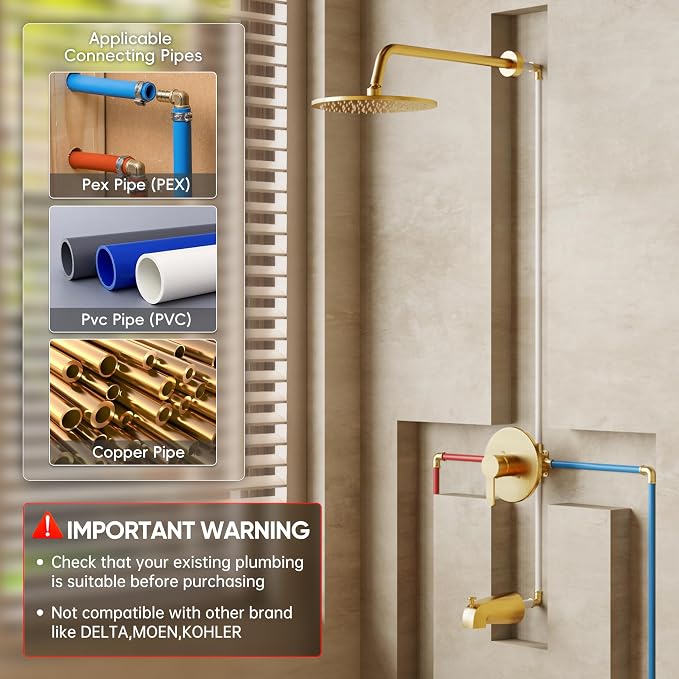 Tub Shower Faucet, Gold Shower Faucet Set with 10" Shower Head | All-Metal Bathroom Rainfall Showerhead and Bathtub Spout, Single-Handle Wall Mounted Tub Shower-Trim Kit Included Valve