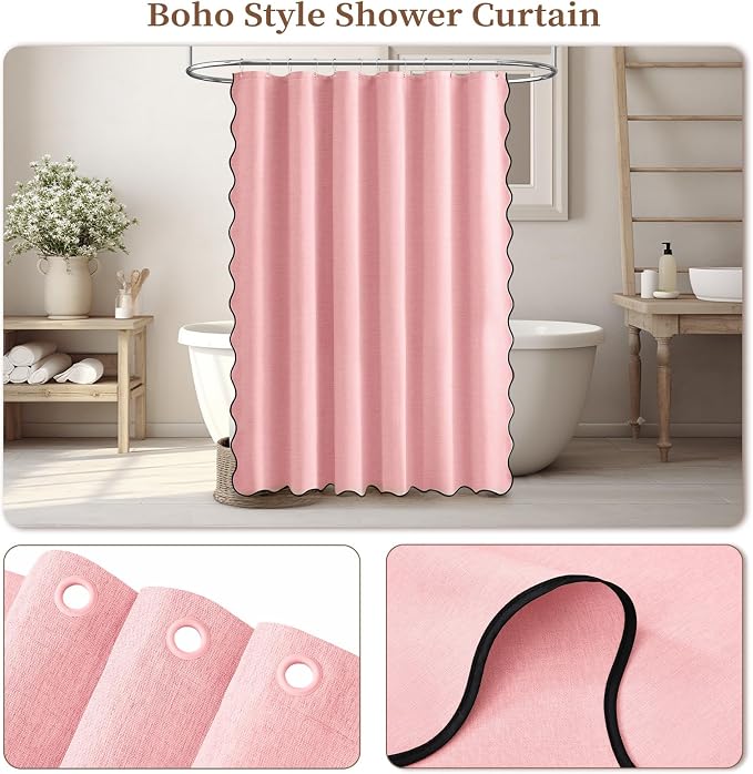 BTTN Pink Scalloped Shower Curtain, Linen Textured Heavy Duty Fabric Shower Curtain Set with 12 Plastic Hooks, Elegant Modern Rustic Boho Farmhouse Waterproof Cloth Shower Curtains for Bathroom, 72x72