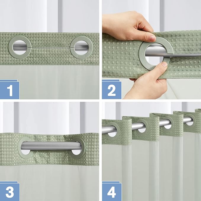 Furlinic No Hook Waffle Weave Shower Curtain with Snap in Fabric Liner,Honeycomb Textured Bathroom Curtains with See Through Top Window,Waterproof & Machine Washable,Sage Green,71x78 Inch