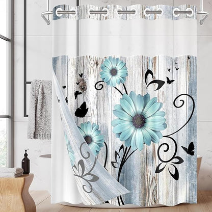 No Hook Shower Curtain with Snap in Liner 71x74 Inch Flower Teal | Rustic Daisy Farmhouse Modern Double Layers Waterproof Fabric with See Through Top Window Open Grommet Bath Curtain