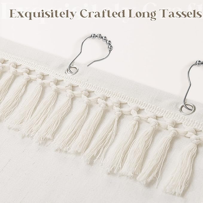 Cream Shower Curtain with Top Tassels Water Repellent 72x96 Inch | Extra Tall, Natural Ivory, Linen Shower Curtains 96 Inch Long, Farmhouse Rustic Country Elegant, Bathroom Cloth Fabric Drapes