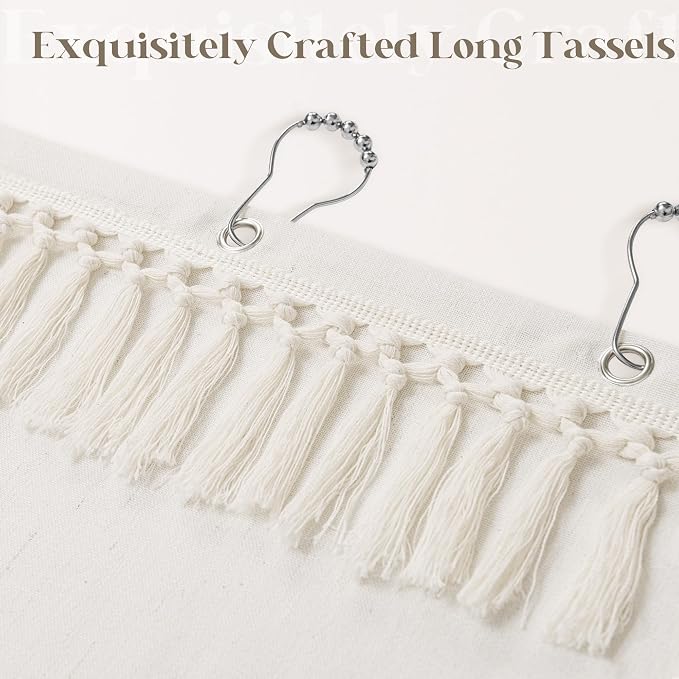Cream Shower Curtain with Top Tassels Water Repellent 72x72 Inch | Boho Farmhouse Natural Elegant Aesthetic, Shower Curtains, Linen, Ivory, for Bathroom Decor, with Hooks Sets, 72 x 72 Inches