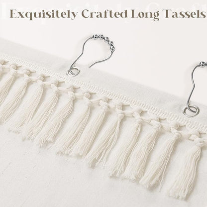 Cream Shower Curtain with Top Tassels Water Repellent 72x72 Inch | Boho Farmhouse Natural Elegant Aesthetic, Shower Curtains, Linen, Ivory, for Bathroom Decor, with Hooks Sets, 72 x 72 Inches