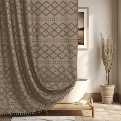 Siiluminisoy Extra Long Boho Shower Curtain with Tassels 72 x 90, Khaki