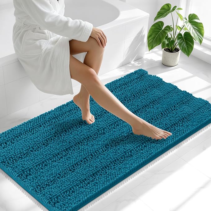 Smiry Thick Chenille Bathroom Runner Rugs 59x20, Bath Mat, Peacock Blue | Quick‑Dry & Machine Washable, Non‑Slip Bath Carpet, Soft Striped Bath Rugs for Tub & Shower, Modern Home Decor Accessories