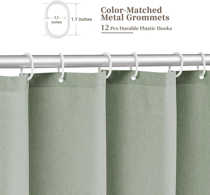 BTTN Extra Long Shower Curtain, 90 Inch Boho Scalloped Linen Textured Thick Fabric Shower Curtain Set with 12 Hooks, Large Neutral Vintage Waterproof Shower Curtains for Bathroom, 72x90, Sage Green