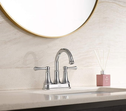 Chrome 4 Inch Centerset Bathroom Sink Faucet 3 Holes with Pop up Drain | TimeArrow High Arc Modern 2-Handle Bathroom Faucet, Vanity Lavatory Faucet with 360° Swivel Stainless Steel Spout, TAF067Y-CP