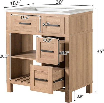 30" Mid-Century Bathroom Vanity with SMC Sink (Natural Wood Style2, 30") | Ample Storage Space with 2 Drawers, Adjustable Shelves & Open Breathable Hollow Shelf, Solid Wood Legs, Matte Black Handles