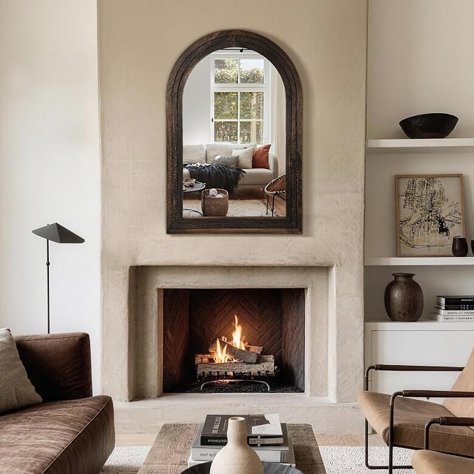 Arched Bathroom Mirror, 45"x30" Brown Wood Frame Wall Mirror | Farmhouse Vintage Vanity Mirror with Layered Frame for Entryway, Living Room, Bedroom