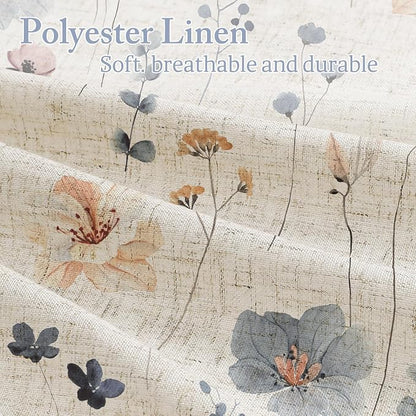 Blue Linen Watercolor Floral Fabric Shower Curtain, 72x72 | Linen Fabric, Modern Minimalist Floral Print, Machine Washable, Rustproof Grommets, for Bathroom Home