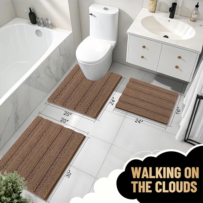 OLANLY Thick Small Bathroom Rugs 24x16, Soft Chenille Bath Rugs, Mocha | Rubber Backing, Machine Wash, Extra Absorbent Striped Bath Mats for Bathroom Floor, Tub and Shower, Home Decor Accessories