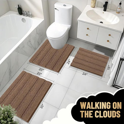 OLANLY Thick Small Bathroom Rugs 24x16, Soft Chenille Bath Rugs, Mocha | Rubber Backing, Machine Wash, Extra Absorbent Striped Bath Mats for Bathroom Floor, Tub and Shower, Home Decor Accessories