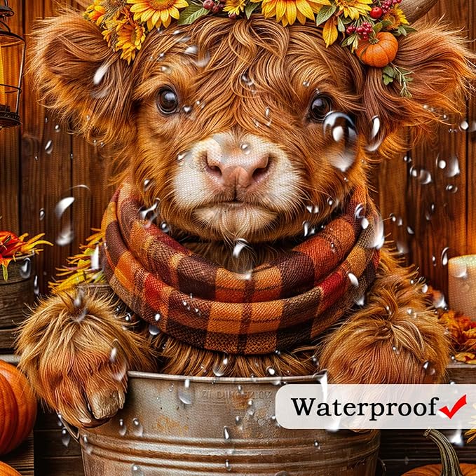 Fall Highland Cow Shower Curtain, Autumn Thanksgiving Pumpkin Funny Cow Rustic Barn Door Shower Curtain Set Bathroom, Western Farmhouse Brown Wood Board Harvest Fabric Bath Decor with Hooks,60X70IN