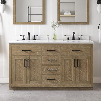 OVE Decors Bailey 60 in. Double Sink Freestanding Driftwood Oak Bathroom Vanity with White Quartz Top, Matching Backsplash and Power Bar