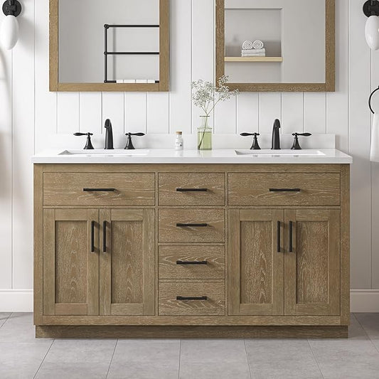 OVE Decors Bailey 60 in. Double Sink Freestanding Driftwood Oak Bathroom Vanity with White Quartz Top, Matching Backsplash and Power Bar