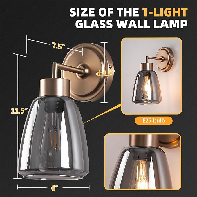Smoked Gray Glass Wall Light Dia 6" Wall Lamp with Glass Shade Vintage Vanity Lighting Fixture with Metal Base Flush Mount Wall Sconce 1-Light for Bathroom, Bedroom, Bedside, Entryway