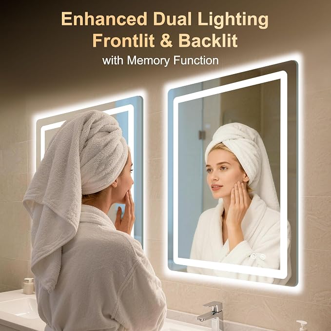 LED Bathroom Mirror, 24"x32" Bathroom Vanity Mirror with Lights | Smart Anti-Fog, Dimmable, 3 Color Modes, Backlit+Front Lit, Memory Function, HD Tempered Glass,Horizontal/Vertical,ETL Listed