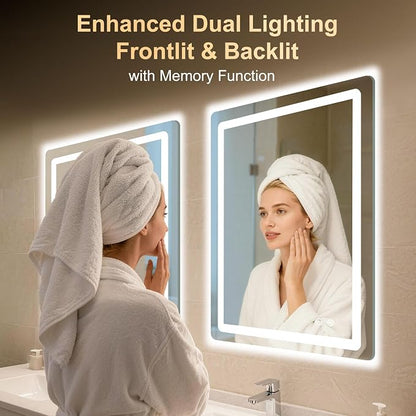 LED Bathroom Mirror, 24"x32" Bathroom Vanity Mirror with Lights | Smart Anti-Fog, Dimmable, 3 Color Modes, Backlit+Front Lit, Memory Function, HD Tempered Glass,Horizontal/Vertical,ETL Listed