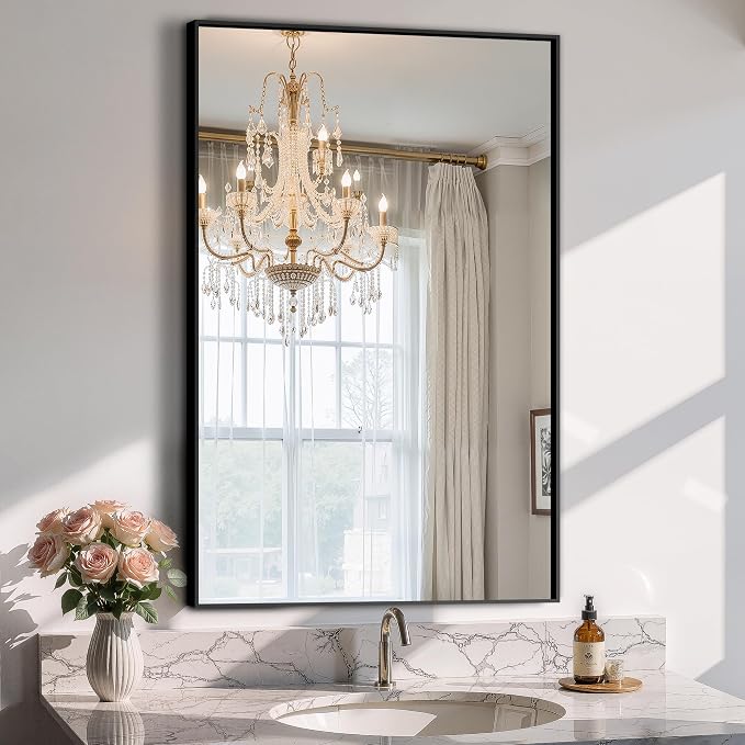 Bathroom Vanity Mirror for Wall, 24"x36" Bathroom Mirror for Over Sink | HD Shatterproof Glass, Rectangular Metal Frame, Horizontally or Vertically, Mirror for Bathroom, Living Room, Entryway(Black)