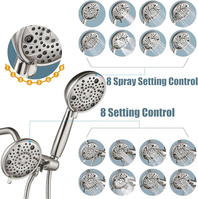 Aolemi Tub Shower Faucet Set Dual 8 Mode Head Valve Kit Brushed Nickel | Valve and Trim Kit, ABS Shower Head and Handheld System, Bathroom Bath Tub Spout 6.3",SUS304,Single Handle