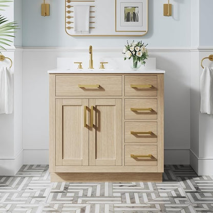 36-Inch Bathroom Vanity with Sink W/ 2 Doors & 4 Drawers & 1 Flip Drawer, Oak Vanity W/Brushed Gold Handles