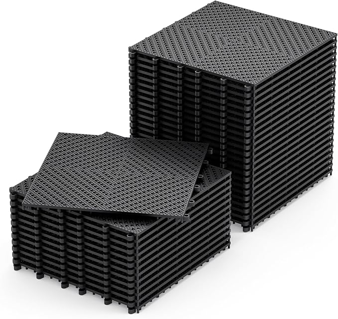 36-Pcs Interlocking Tile, Indoor/Outdoor Drainage Interlocking Floor Tiles 11.8" x 11.8", Anti-Slip Waterproof Soft PVC Splicing Flooring Tile for Garage Patio Pool Bathroom, Black