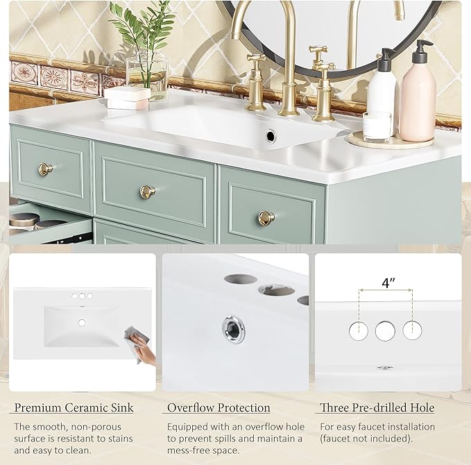 LUMISOL 36" Bathroom Vanity with Ceramic Sink, Modern Bathroom Vanity with 3 Drawers & Soft Close Doors, Solid Wood Bathroom Sink Cabinet with Undermount Basin, Gold Handles (Green)