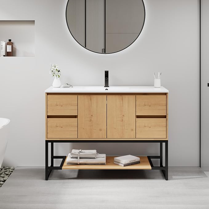 LUCKWIND 48" Modern Bathroom Vanity with Single White Sink Combo, Freestanding Storage Cabinet with Metal Frame, Matte Black Faucet and Open Shelf and 2 Soft-Closing Door, Natural