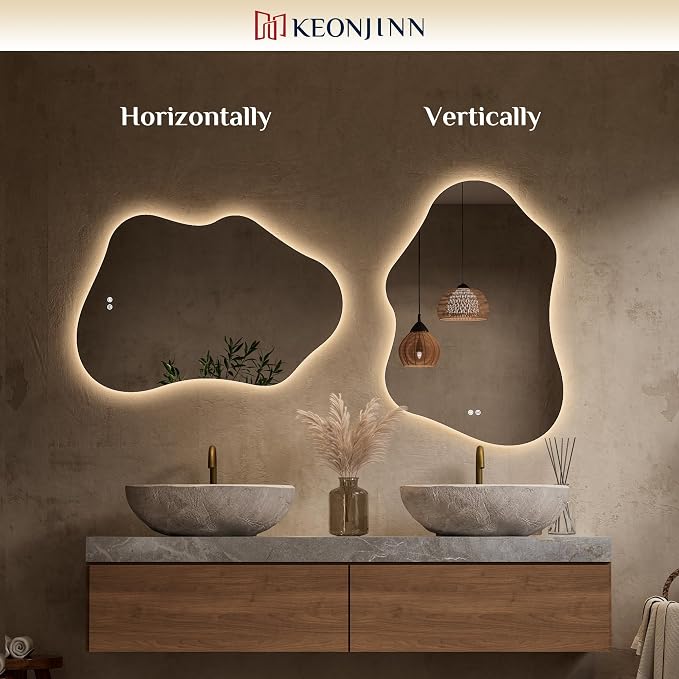Keonjinn 24" x 36" Asymmetrical Backlit Bathroom Mirror, HD Tempered Glass | Irregular Cloud LED Bathroom Mirror, 3 Color Temperatures, Dimmable, Fast Defogging, Memory Function, Horizontal/Vertical