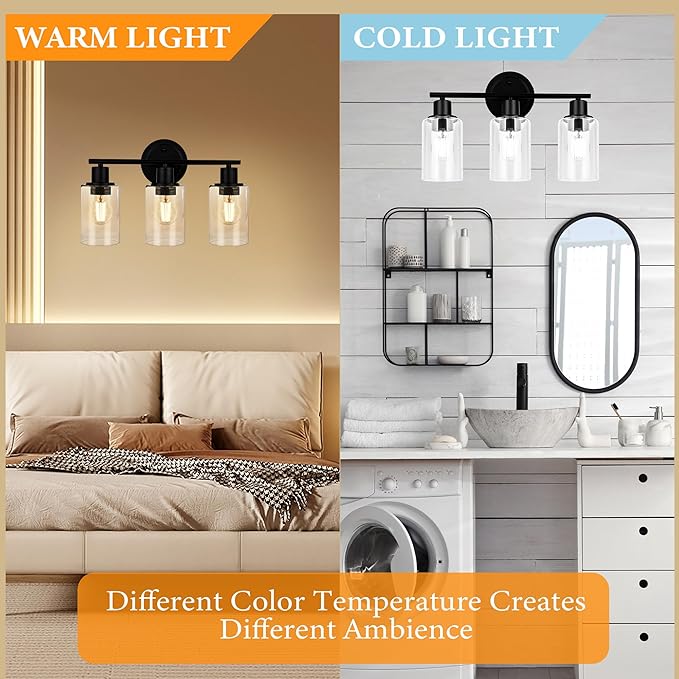 3-Light Black Bathroom Light Fixture Over Mirror, 3-Light Bathroom Vanity Light Over Sink, Black 3 Bulb Wall Light for Mirror