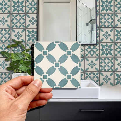 36 Pcs 4 Styles Retro Blue and Green Patten Tile Sticker Geometric Patten Wall Tile Stickers Waterproof Self Adhesive Stick on Decals for Kitchen Bathroom Wall Art 4×4 Inch