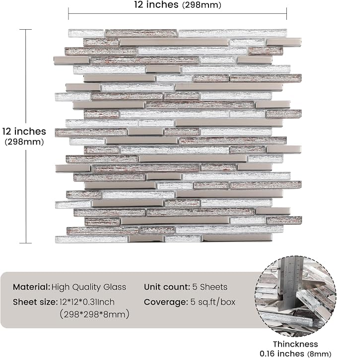 Glass Tiles Mosaic Backsplash Silver 12 Inch (5-Pack, 5 sq.ft.) | Brown Strip for Kitchen Bathroom and Shower Backsplash