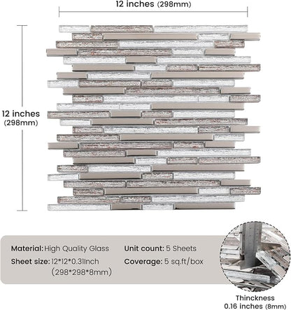 Glass Tiles Mosaic Backsplash Silver 12 Inch (5-Pack, 5 sq.ft.) | Brown Strip for Kitchen Bathroom and Shower Backsplash