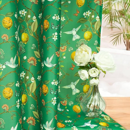 Green Floral Bird Shower Curtain 72x72, Hummingbird and Lemon Botanical Fabric Bath Curtains, Lightweight Quick-Dry Bathroom Decor Set with Hooks, Deep Green
