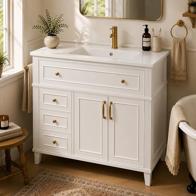 Bellemave 36" Bathroom Vanity with Sink, Bathroom vanities, Green Bathroom Vanity with Drawers, Sink Cabinet, White, 36Inch