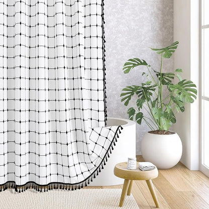 MitoVilla Ivory Black Boho Extra Long Shower Curtain 72 x 84, Modern Farmhouse 84 inch XL Polyester Linen Texture Tassel Fabric Shower Curtain Set with Hooks for Cottagecore Country Bathroom Decor